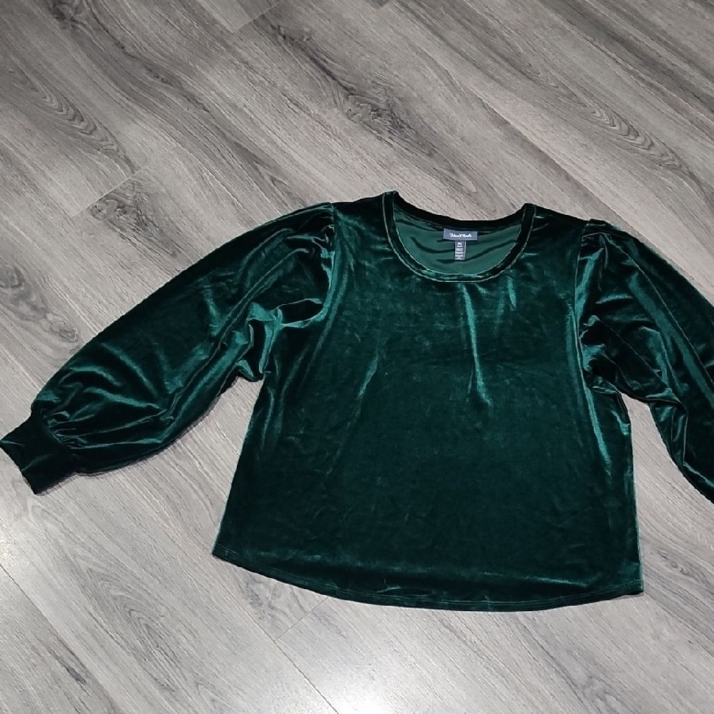 Modcloth Puff Sleeve Crewneck Emerald Green Velvet Top